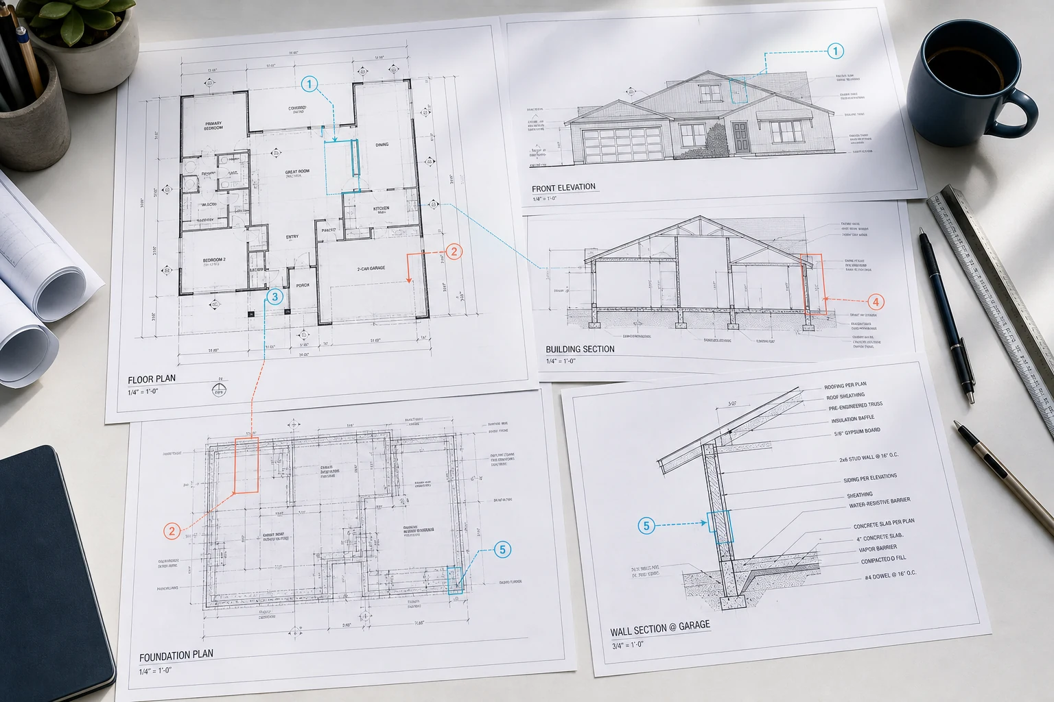 California residential floor plan, elevation, building section, foundation plan, and wall detail connected by AI review markers