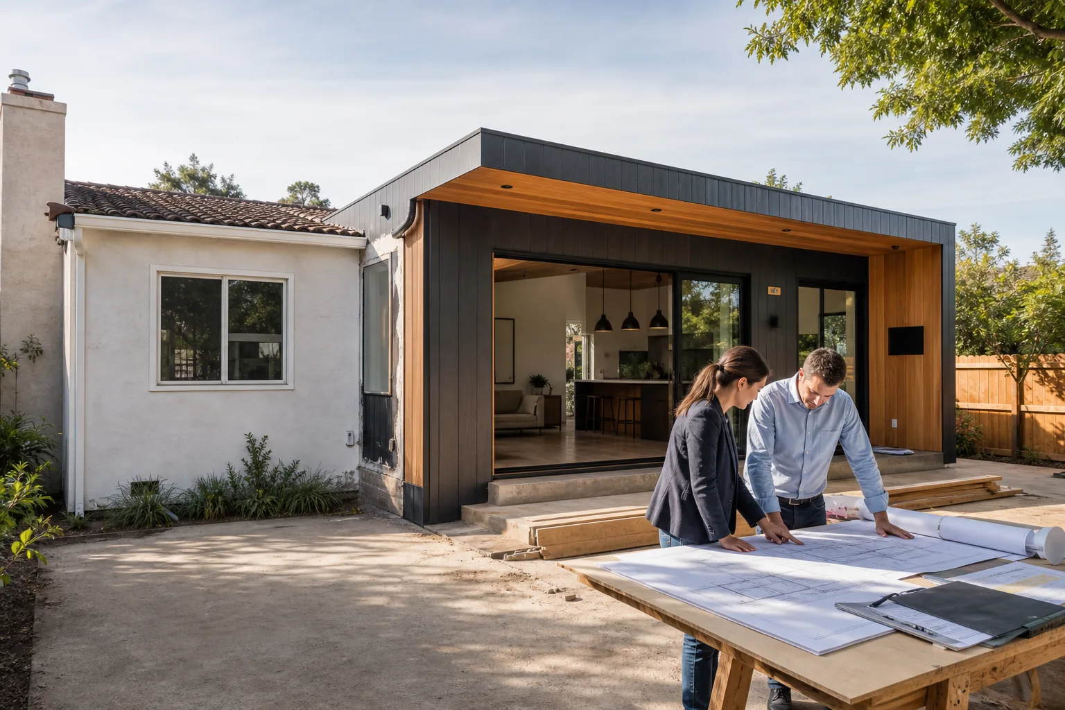 California home addition where a design professional and homeowner review the plan set