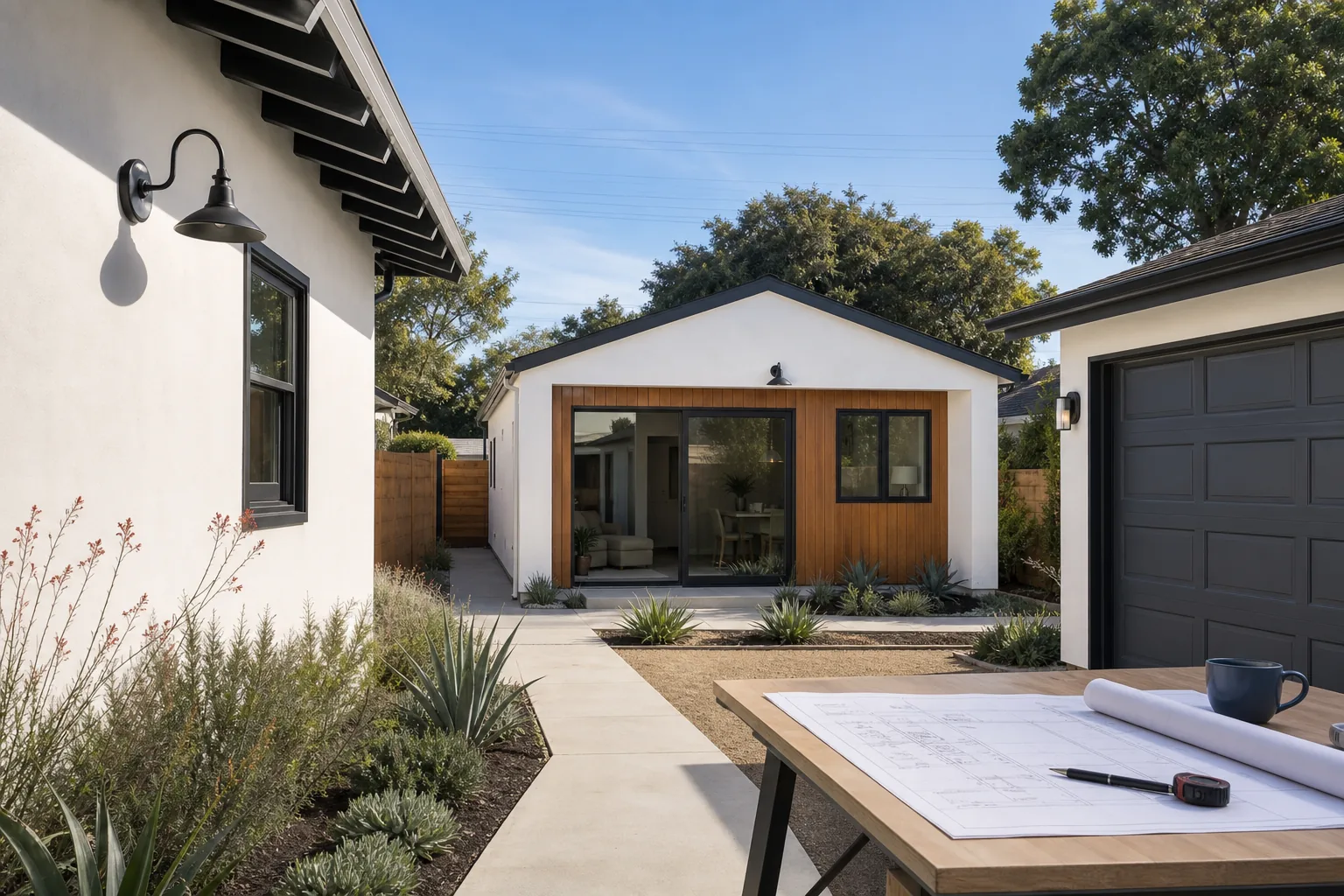 Completed California backyard ADU with residential plans on an outdoor review table