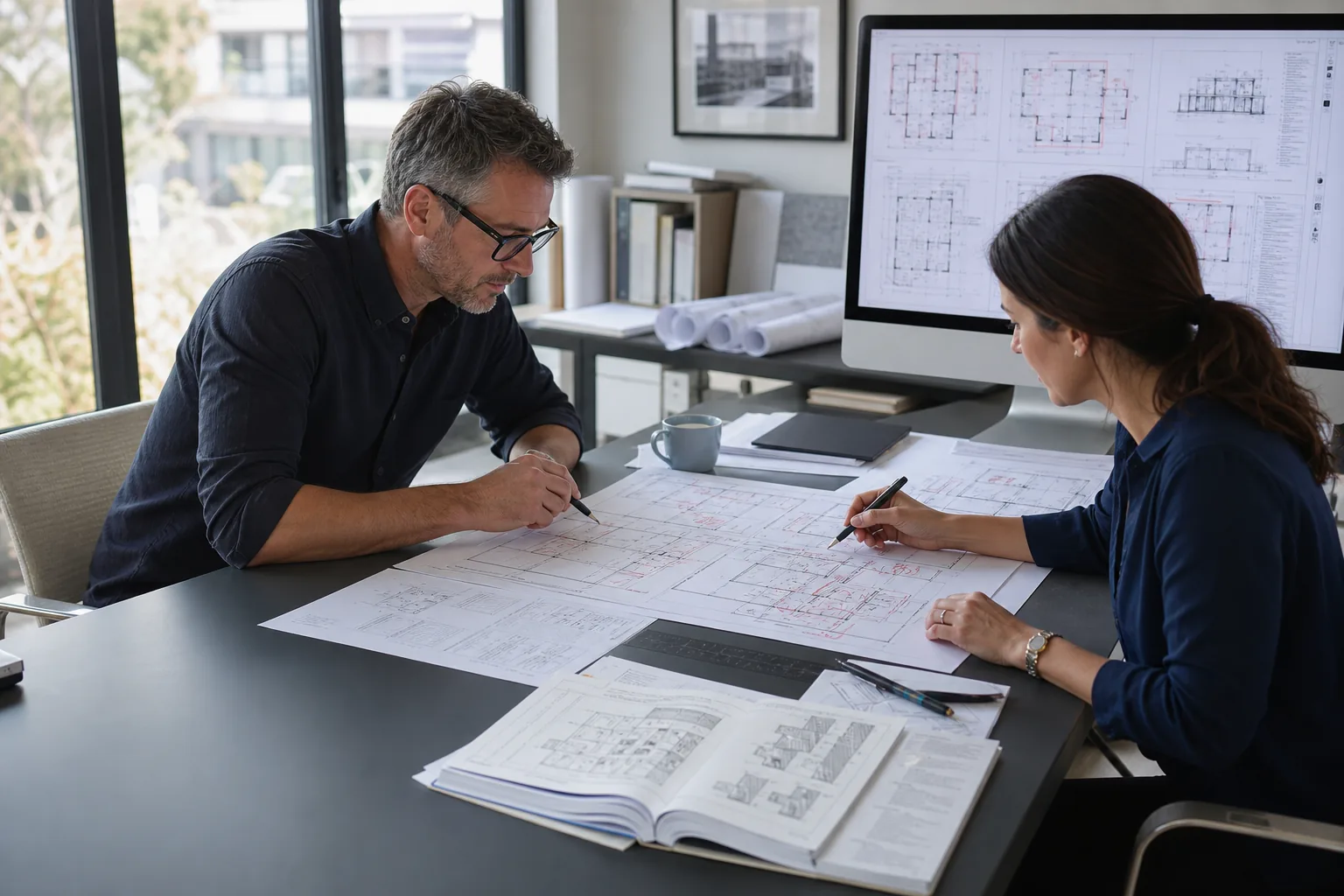 Residential design team coordinating redlined permit corrections across printed and digital drawings
