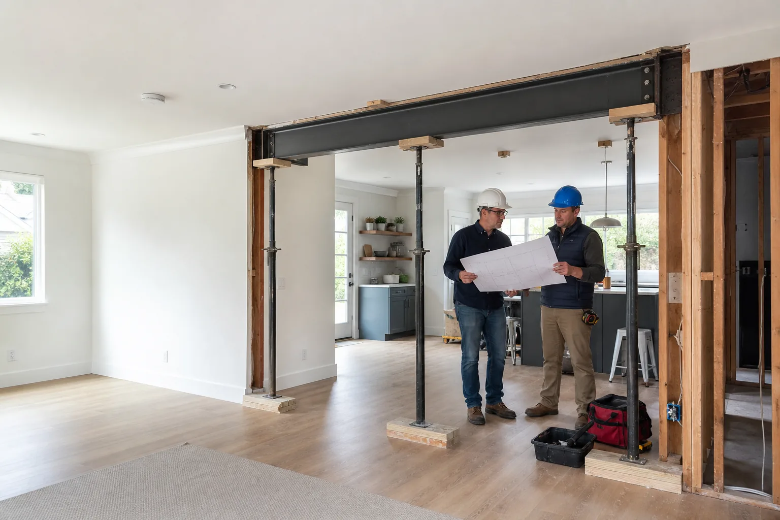 Structural engineer and contractor reviewing a beam installation during a wall-removal project