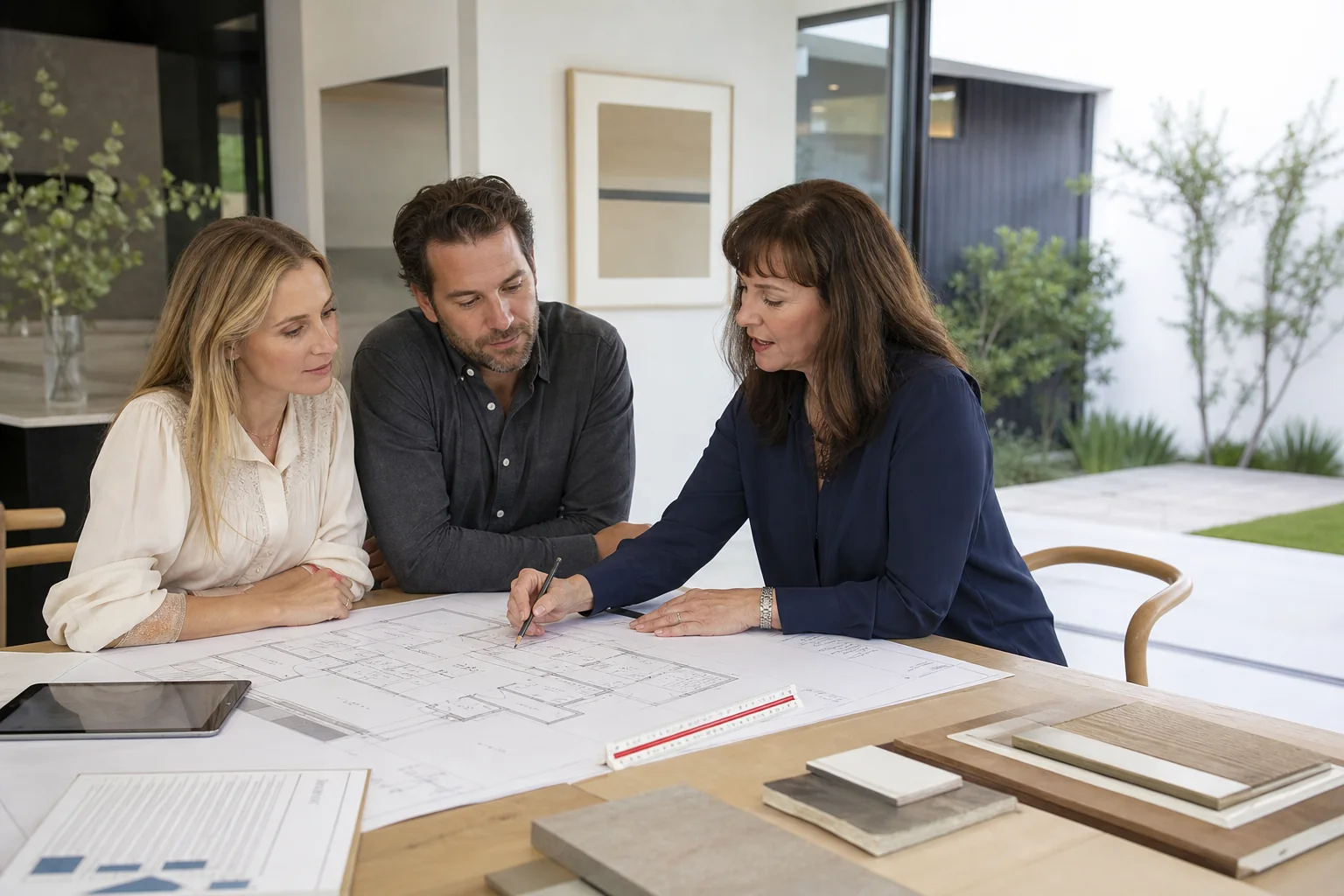 California residential designer explaining a coordinated floor plan to homeowners