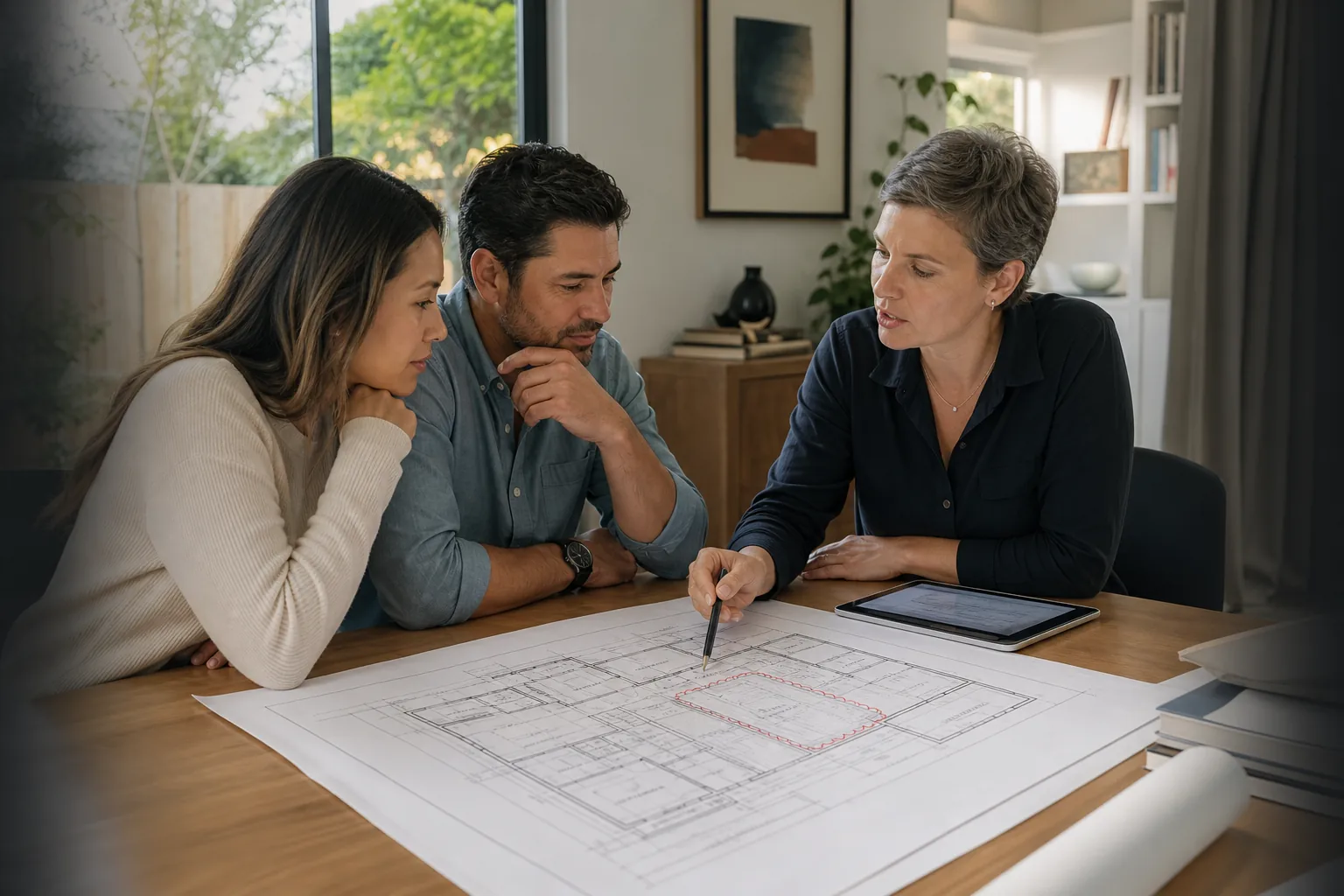 Homeowners discussing a residential floor plan with an experienced California designer