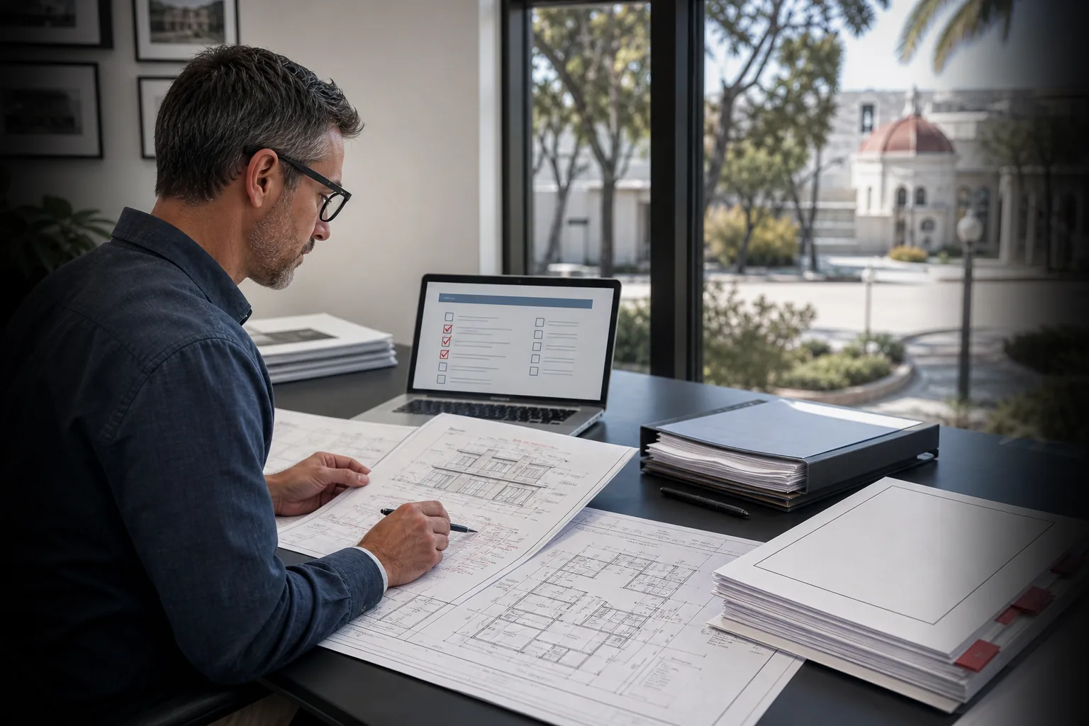 Permit coordinator preparing a coordinated California residential submittal package