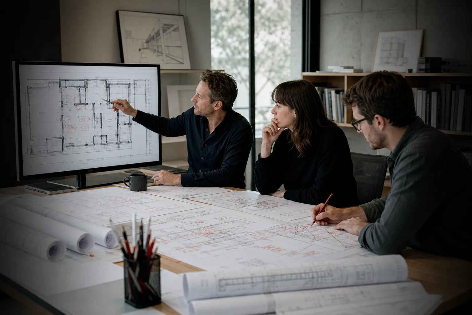 Architectural and structural professionals coordinating revisions to a residential drawing set