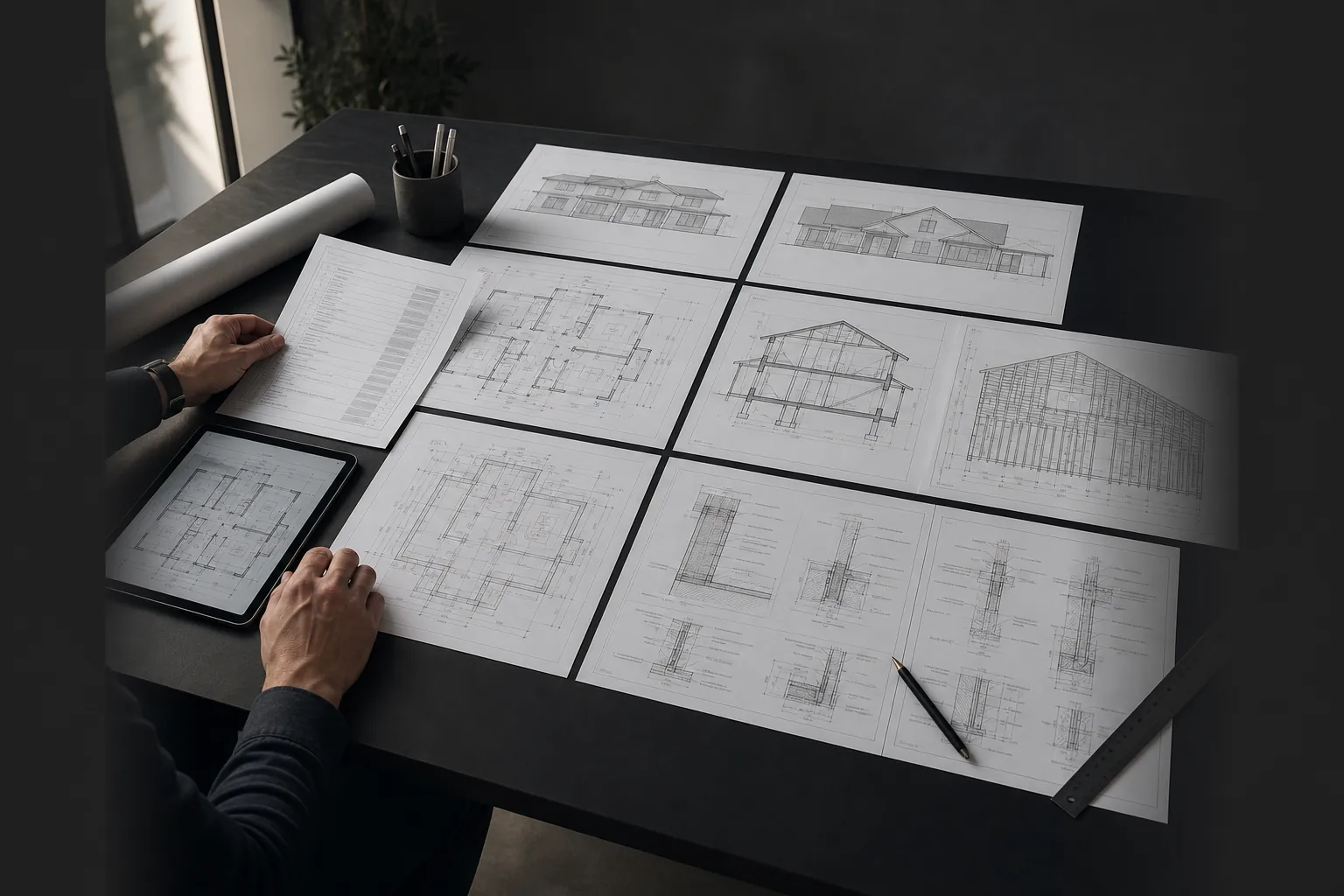 A complete residential permit drawing set organized across an architectural review table