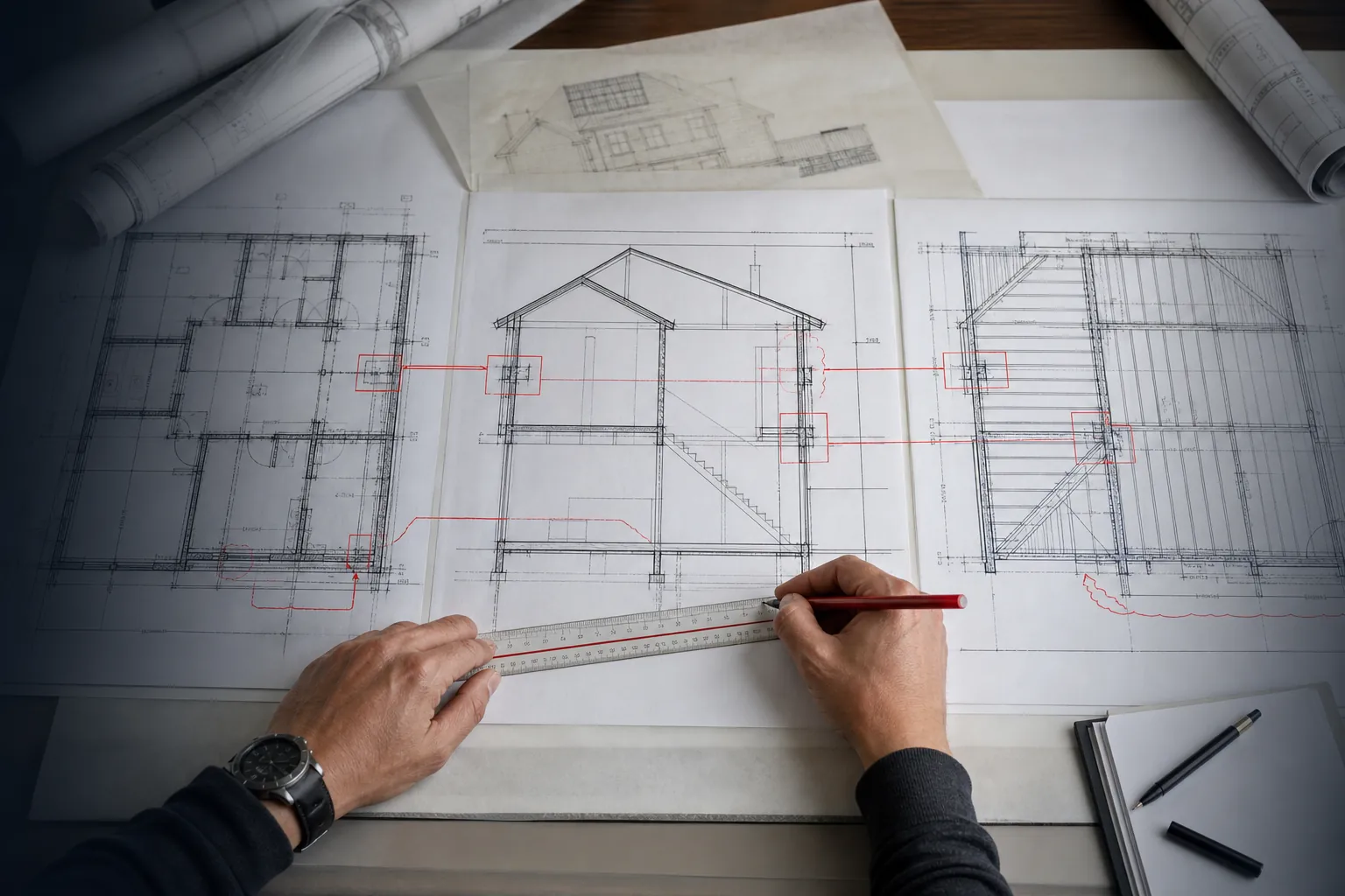 Architectural plan, section, and structural drawing compared during cross-sheet review