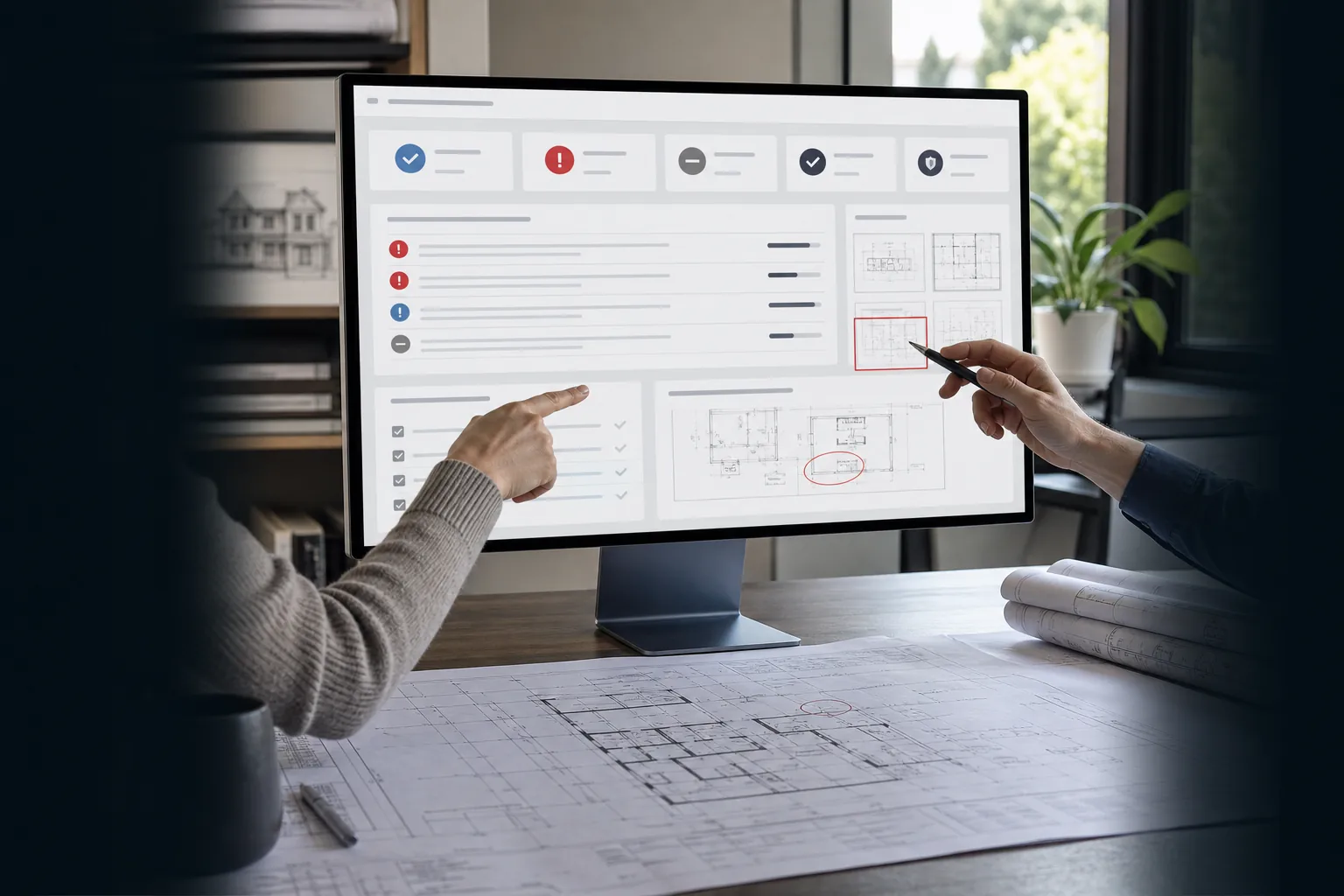 Homeowner and architect reviewing a prioritized digital building-plan assessment